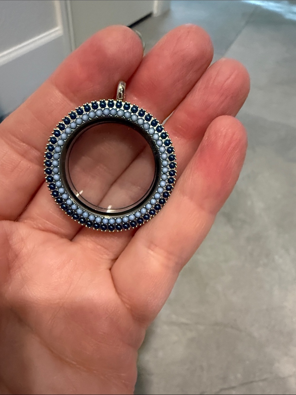 Origami Owl Silver Round Pendant with Light and Dark Blue Accents
